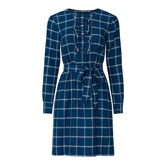 Draper James Navy Bell Sleeve Plaid Shirt Dress Women's $135 - Size 10 | M - Picture 2 of 14